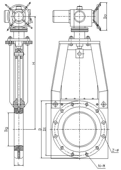 對(duì)夾式電動(dòng)無隙閘閥結(jié)構(gòu)示意圖